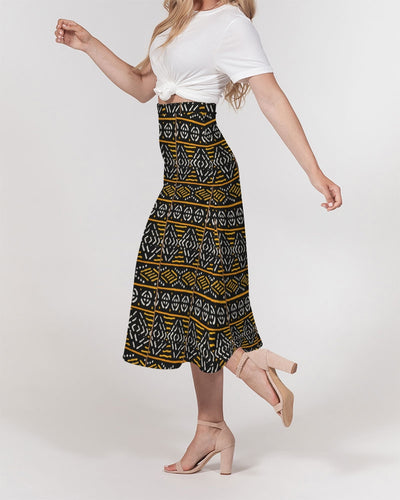 Black Yellow Bogolan African Print Women's A-Line Midi Skirt