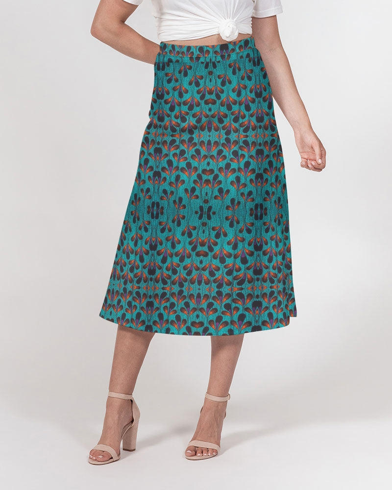 Teal Black African Print Women's A-Line Midi Skirt