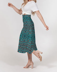 Teal Black African Print Women's A-Line Midi Skirt
