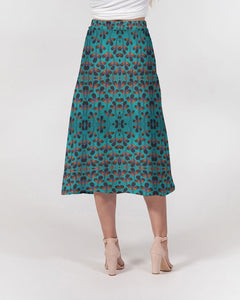 Teal Black African Print Women's A-Line Midi Skirt