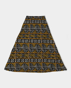 Black Yellow Bogolan African Print Women's A-Line Midi Skirt