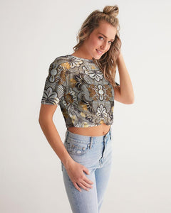 Black Gold African Print Women's Twist-Front Cropped Tee YaYa+Rule