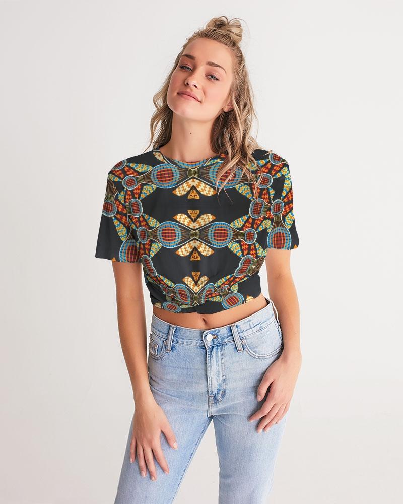 Black Multi Color African print Women's Twist-Front Cropped Tee YaYa+Rule