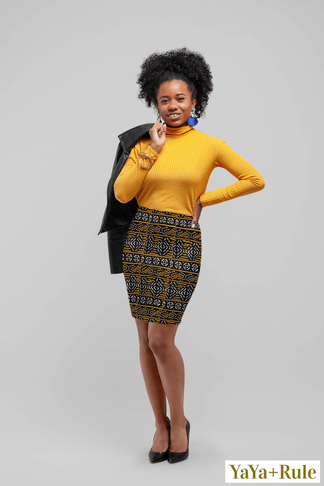 Black Yellow Bogolan African print Pencil Skirt YaYa+Rule