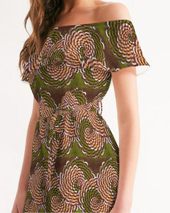 Green Brown Flower African print Women's Off-Shoulder Dress YaYa+Rule
