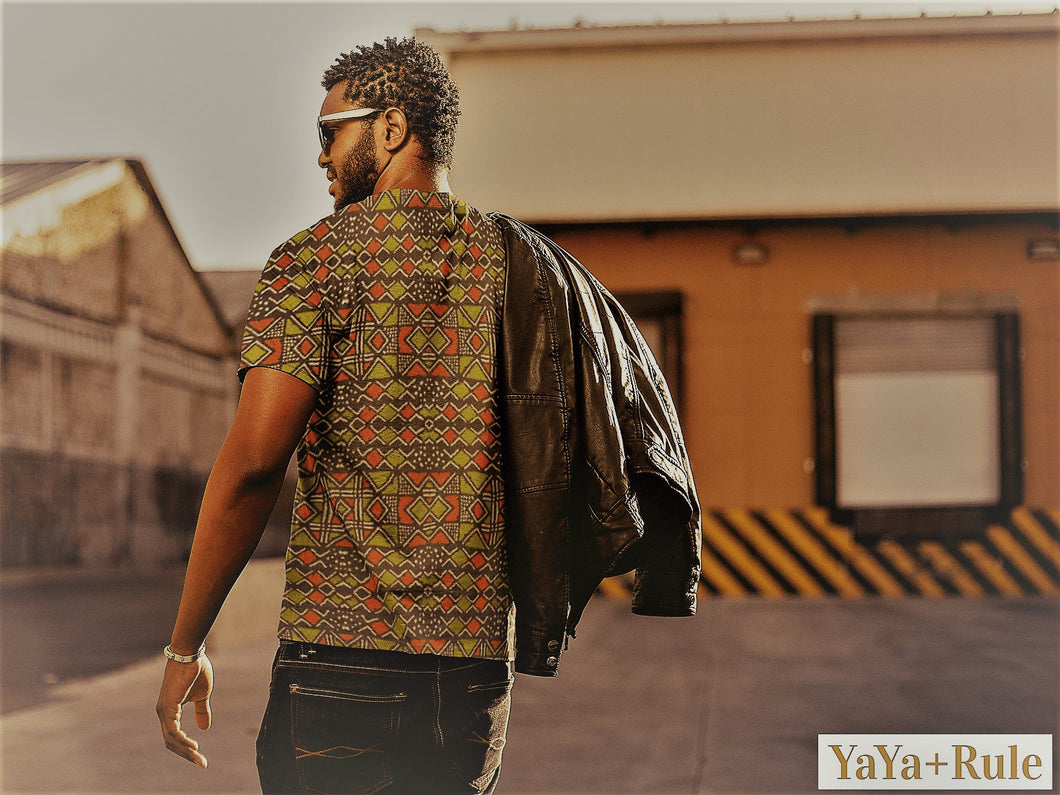 Red Green Bogolan African Print Men's T-shirt YaYa+Rule