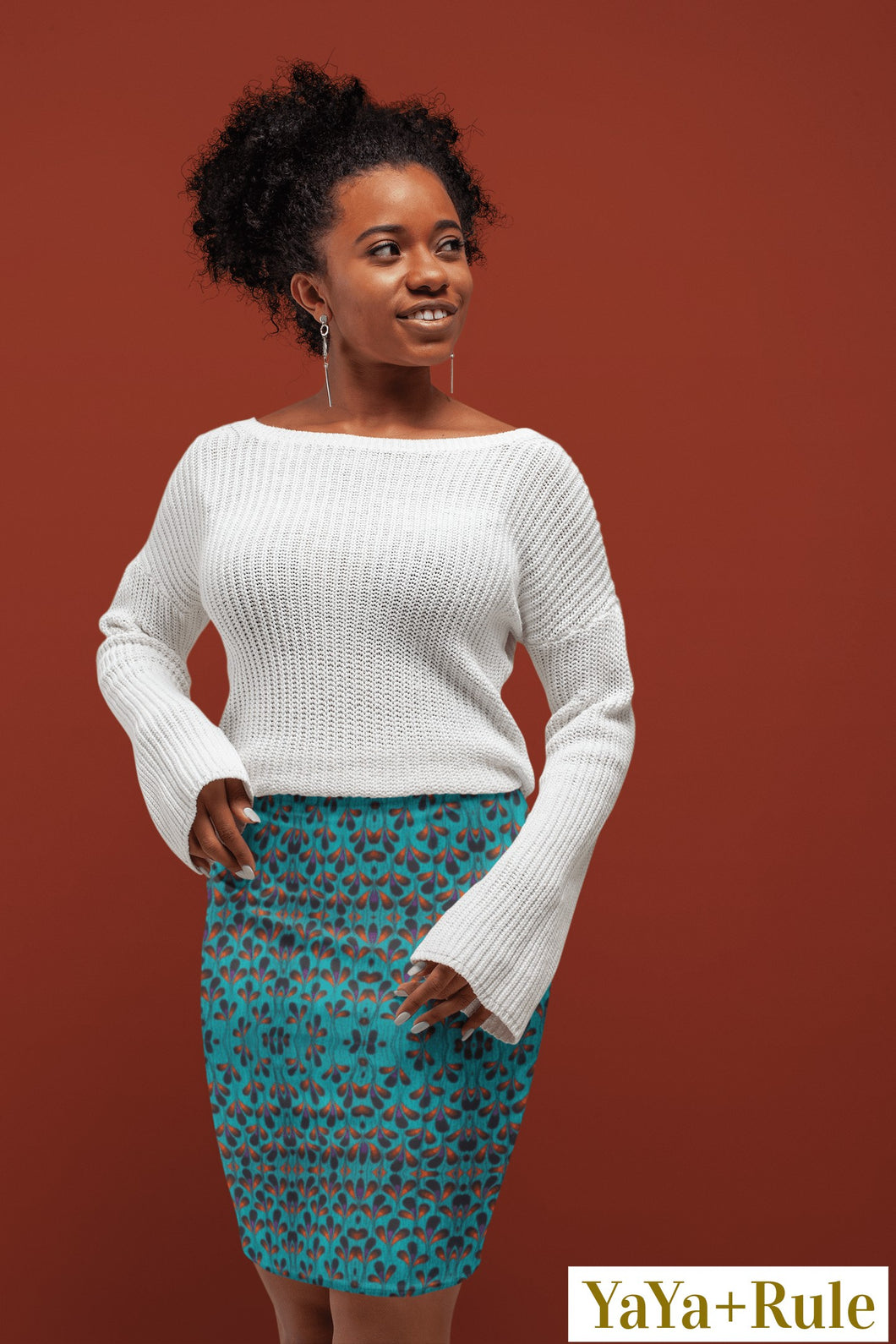 Teal Black African Print Pencil Skirt YaYa+Rule