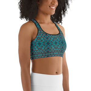Teal Black Feather African Print Sports bra YaYa+Rule
