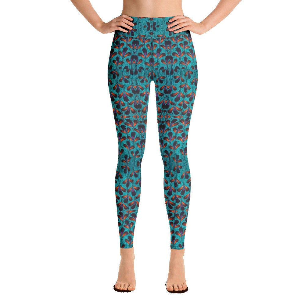 Teal Black Feather African Print Yoga Leggings YaYa+Rule