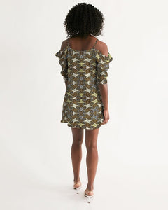 Yellow Brown African Print Women's Open Shoulder A-Line Dress YaYa+Rule