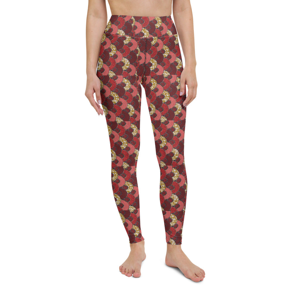 Red Mustard Scalloped African Print Yoga Leggings