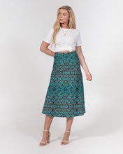 Load image into Gallery viewer, Teal Black African Print Women&#39;s A-Line Midi Skirt